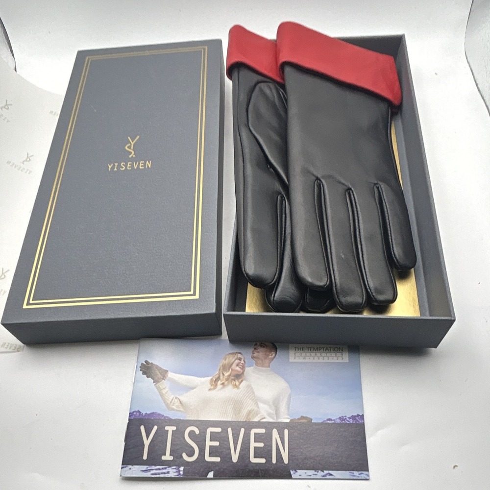 YISEVEN Women's Leather Wrist Gloves Black with Red Cuffs Solid Size S